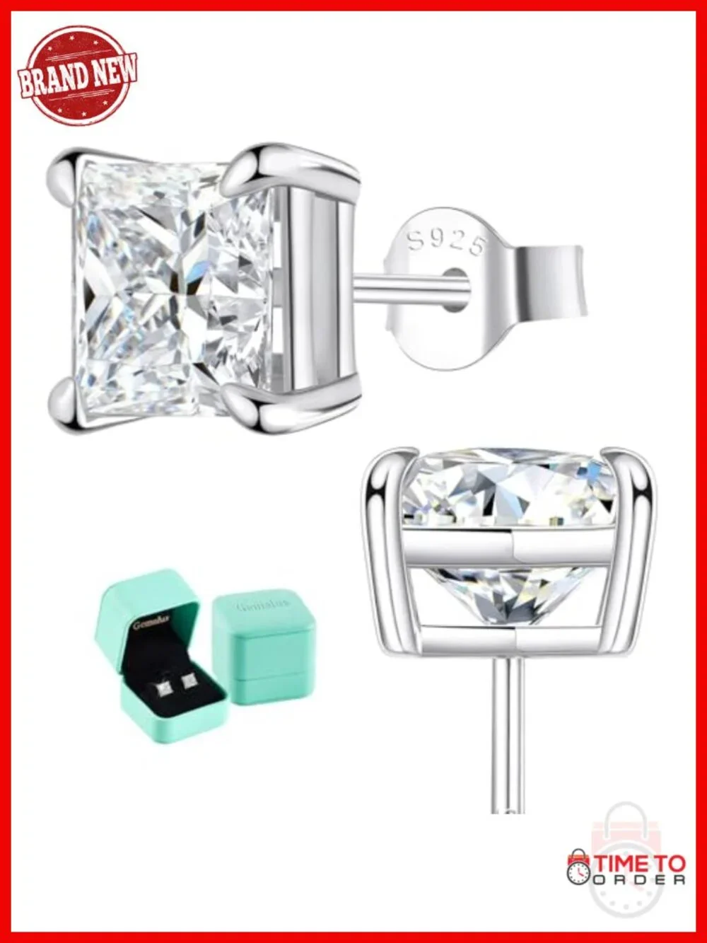 Princess Cut Moissanite Stud Earrings 2ct D VVS1 Gold Plated Silver